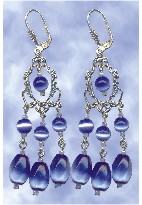 Sapphire fiber-optic bead earrings with white filigree, from Rings & Things
